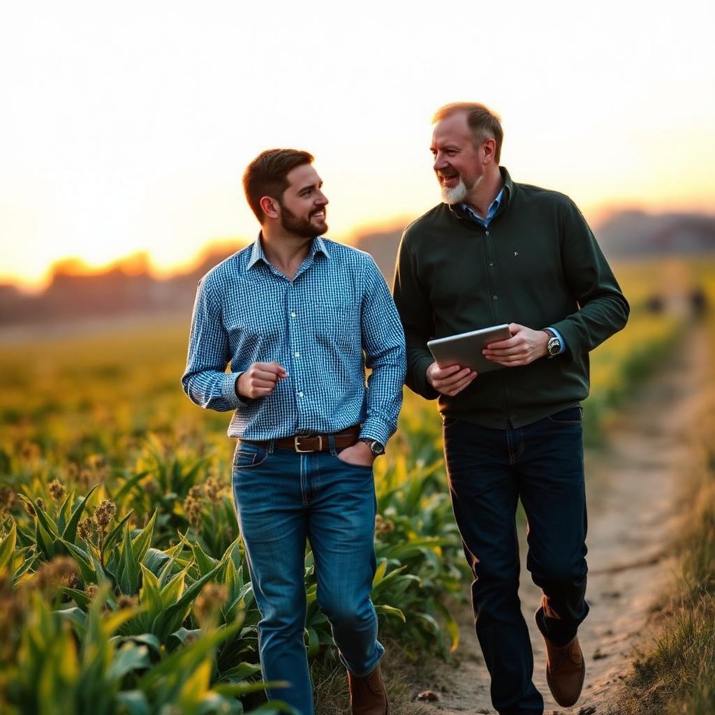 Consultor e empresário do Agronegócio caminhando ao lado da lavoura